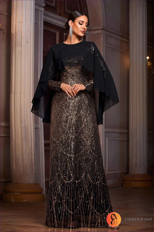 Sequined Maxi Dress with Sheer Shawl - Understated Glamour - s / Black Gold - Dresses - Lingerie Hut - A-line • All