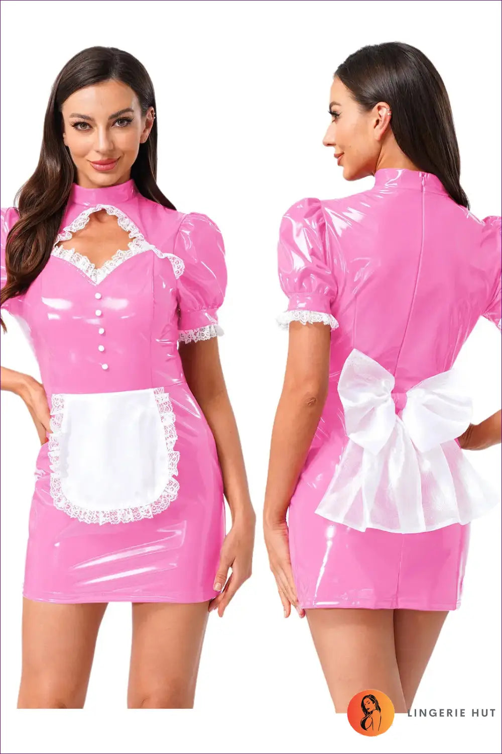 Sexy French Maid Costume with Glossy Finish - After-dark Fun - Hot Pink / s - Outfit Set - Lingerie Hut - All Season