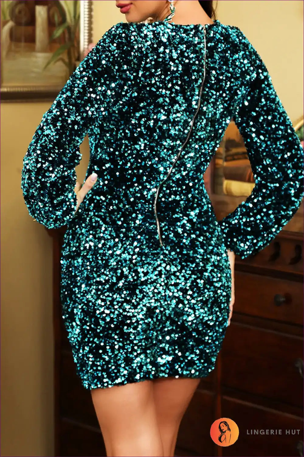 Sexy Long Sleeve Blue Green Short Dress - Party-ready Elegance