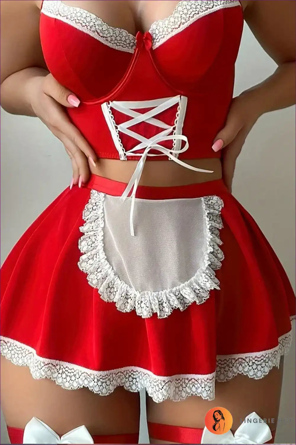 Sexy Maid Costume with Lace Apron and Bows - Playful Fantasy for Boudoir, Choker, Costume, Garter,