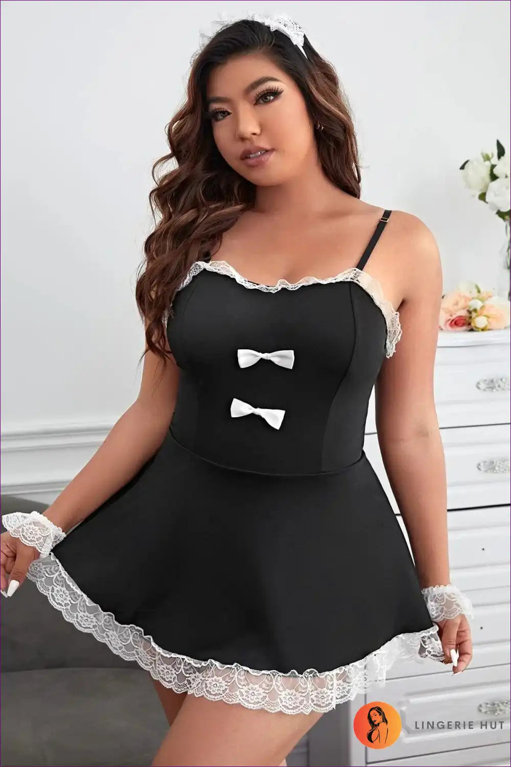 Sexy Maid Costume with Lace Trim and Bows - Playful Fancy for Boudoir, Costume, Evening Wear, just In, Lace