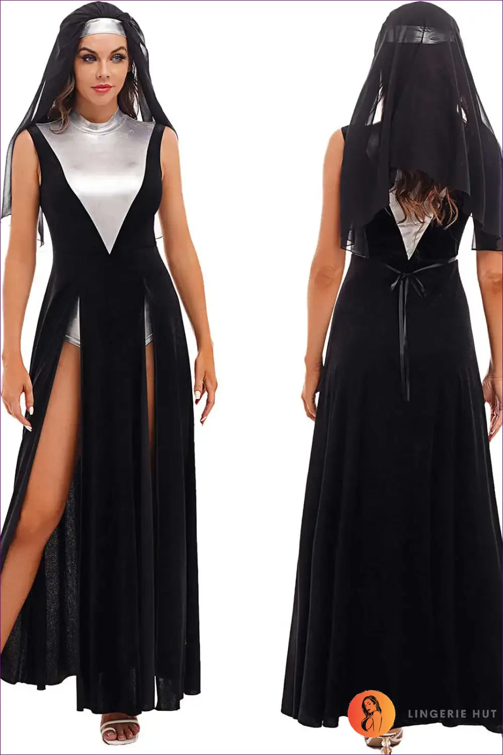 Sexy Nun Costume with Silver Bodice - After-dark Mystery - Black b / s - Outfit Set - Lingerie Hut - Cutout • Evening