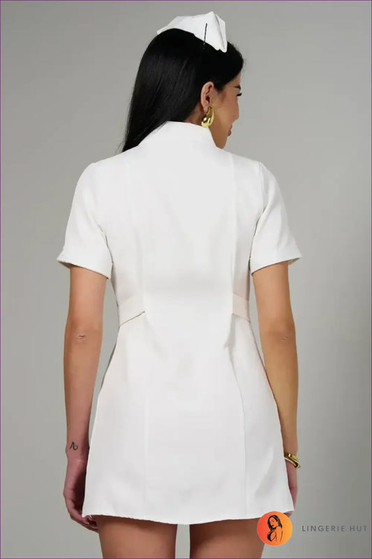 Nurse Costume with Button Front and Belt - White - Belted • Mini • Lingerie Hut