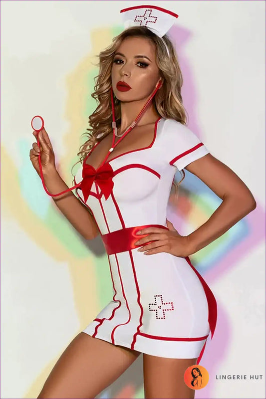 Sexy Nurse Costume with Red Bow Accents - Playful Confidence for Bodycon, Boudoir, Costume, Date Night,