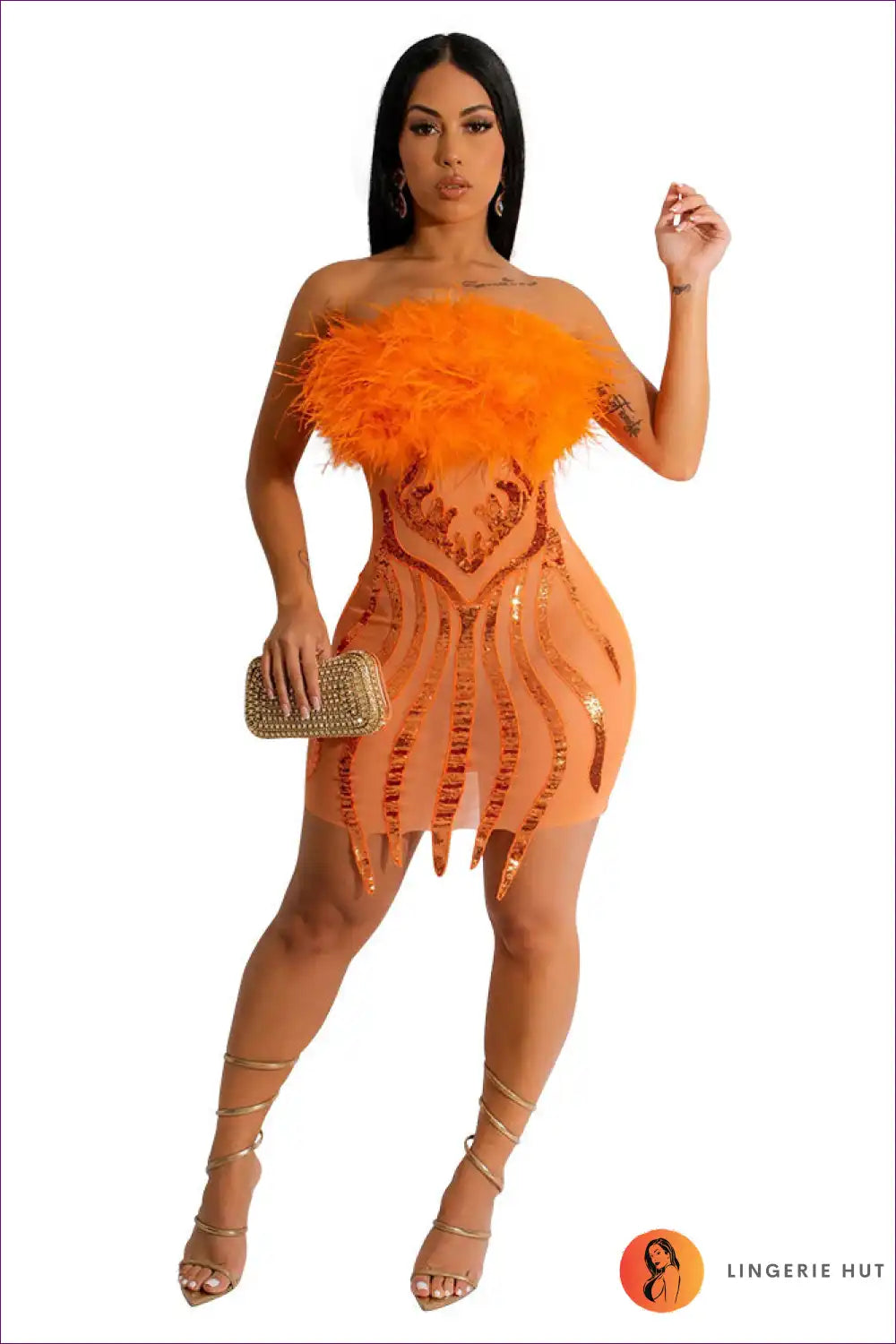 Ignite The Dance Floor In This Sexy Strapless Bodycon Featuring Captivating Elegance Of Sequins & Feathers.