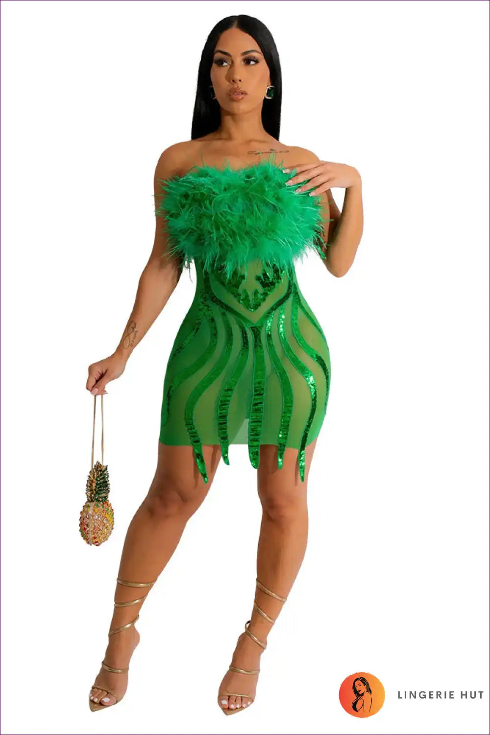 Ignite The Dance Floor In This Sexy Strapless Bodycon Featuring Captivating Elegance Of Sequins & Feathers.