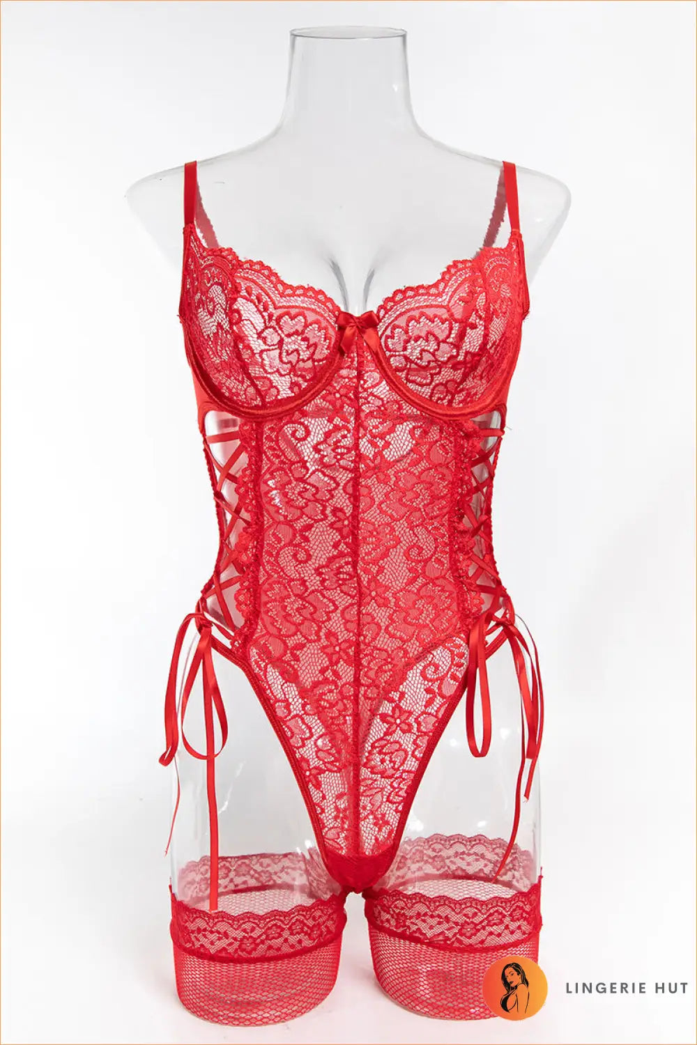 Sheer Lace Cutout Bodysuit - Worth a Second Look - s / Red - All Season • Boudoir • Date Night - Lingerie Hut