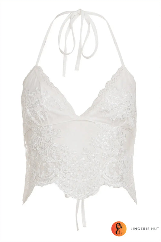 Sheer Lace Halter Crop Top - Dreamy Summer Layer - s / White - Lingerie Hut - Backless • Boho • Cutout • Date Night