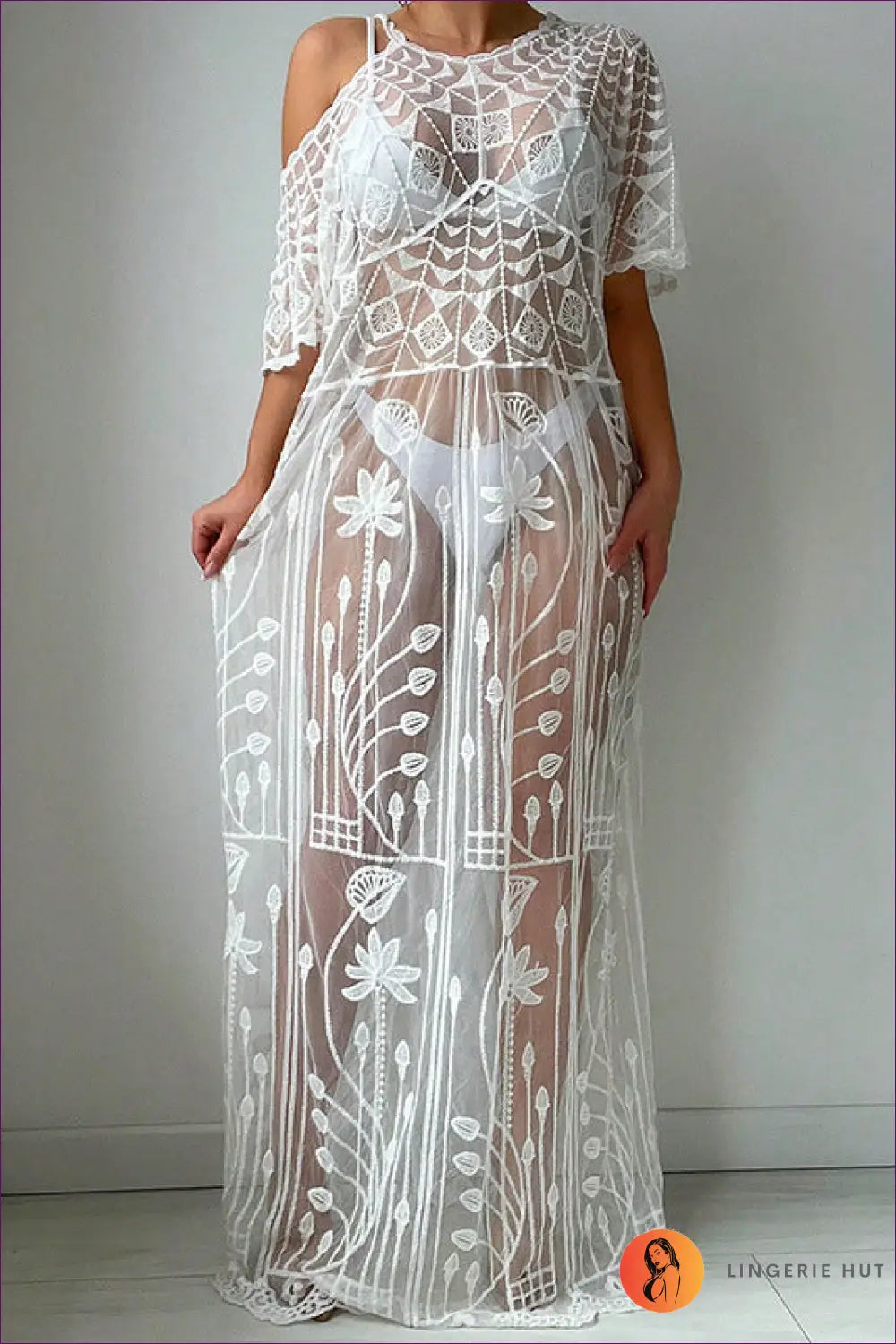 Sheer Lace Maxi Cover Up - Holiday Evenings Sorted - one Size / White - Dresses - Lingerie Hut - Beachwear • Cutout
