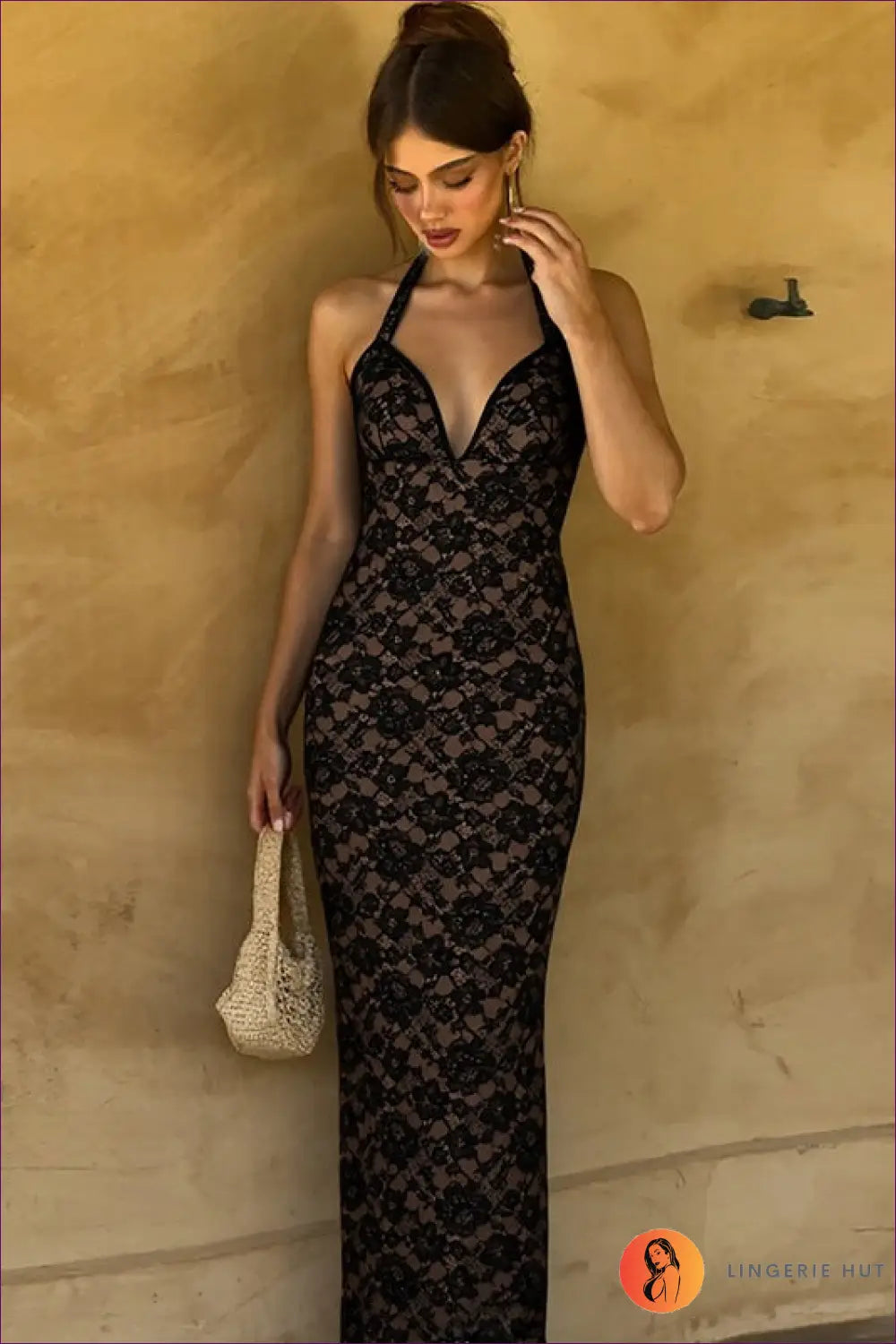 Sheer Lace Maxi Dress with Plunge Halter - not your Basic Party - Dresses - Lingerie Hut - Backless • Bodycon • Cutout