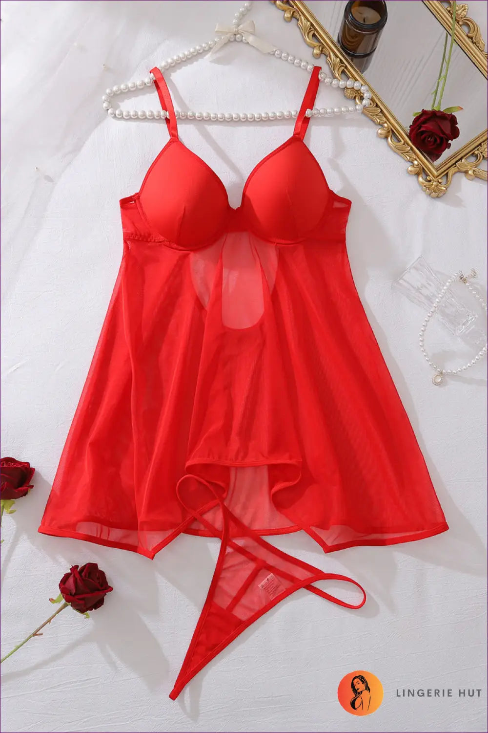 Sheer Mesh Babydoll with Molded Cups - Alluring Evenings - s / Red - Lingerie Hut - A-line • All Season • Boudoir