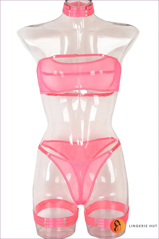 Sheer Mesh Bra Set with Garter - Bold but Wearable - s / Pink - Lingerie - Hut - All Season • Boudoir • Date Night