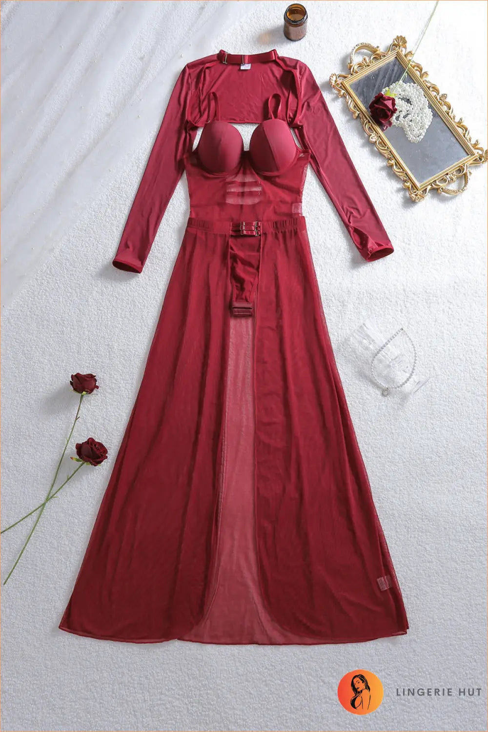 Sheer Mesh Bodysuit with Long Sleeves - s / Burgundy - Everyday • Glamour • Loungewear • Maxi - Lingerie Hut