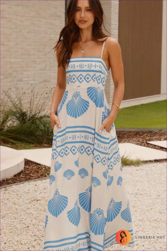 Shell Print Maxi Dress with Pockets - Effortless Summer Escape - s / Blue - Dresses - Lingerie Hut - A-line • Beachwear