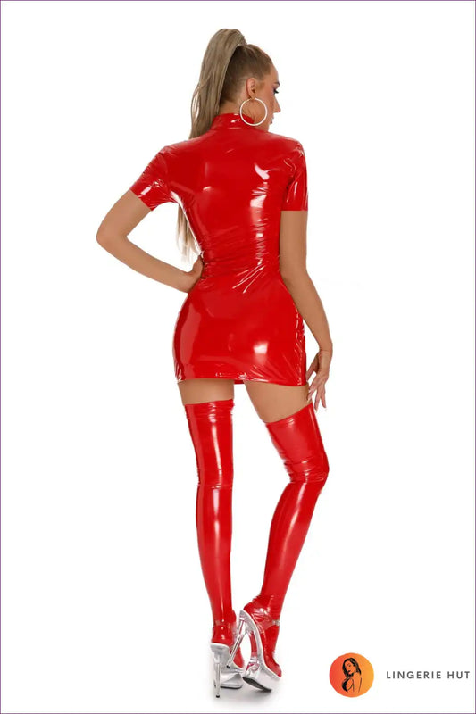 Take a Risk & Show Off Your Style In This Sleek Sexy Shimmering Pvc Bodycon Dress. Front Zipper, Short Sleeves