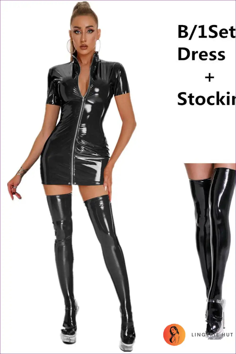 Take a Risk & Show Off Your Style In This Sleek Sexy Shimmering Pvc Bodycon Dress. Front Zipper, Short Sleeves