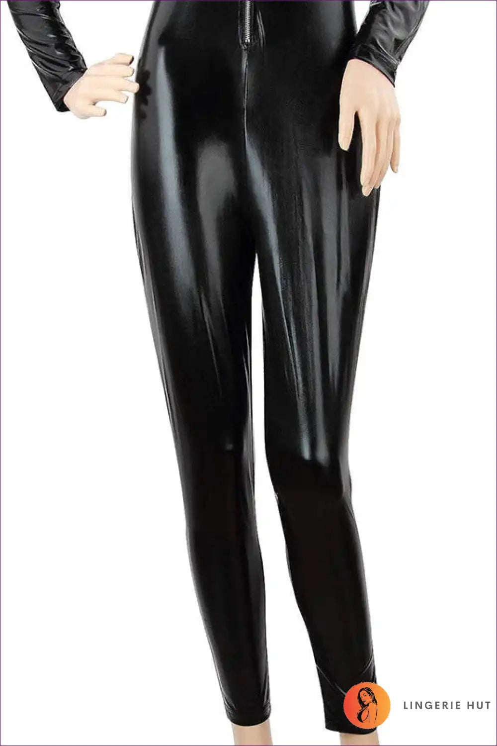 Unleash Your Inner Diva With Lingerie Hut’s Sexy Shiny Patent Leather Jumpsuit. Hip-raise Design Meets Club