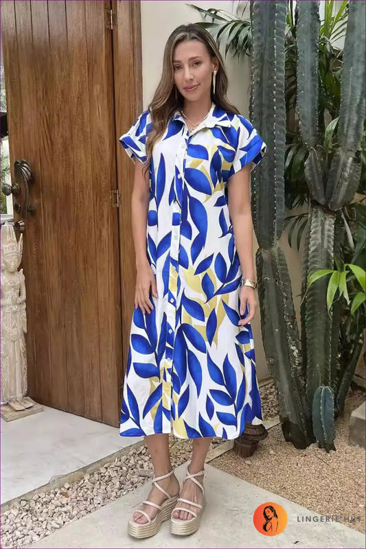 Leaf Print Shirt Dress - Effortless Summer Ease - Lingerie Hut - A-line • Casual • Everyday • Floral