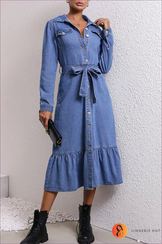 Shirt Dress with Waist Tie - Modern Everyday Authority for A-line, All Season, Autumn, Casual,