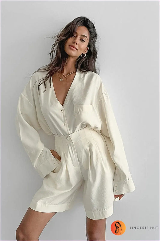 Co Ord Shirt and Shorts Set - Effortlessly Polished Days - Lingerie Hut - All Season • Casual • Cotton • Everyday