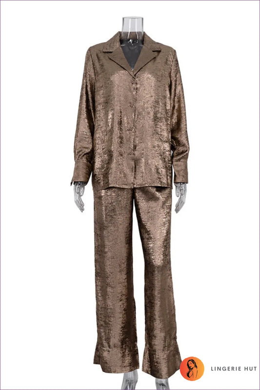 Shirt Set with Wide-leg Trousers - Effortless Elegance - s / Gold - co Ord - Lingerie Hut - All Season • Casual