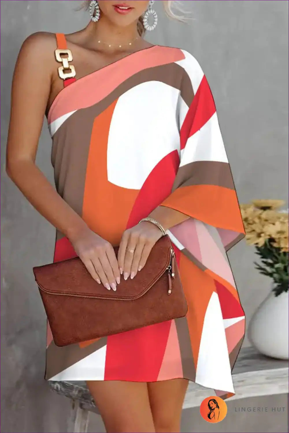 One-shoulder Dress with Abstract Print - Statement Evening for Bodycon, Cutout, Date Night, Dress, Evening