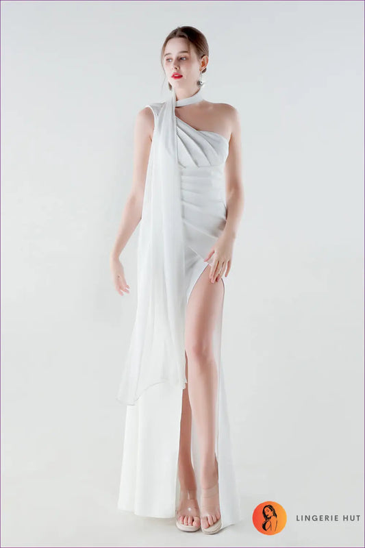 One Shoulder Maxi Dress with Chiffon Ribbon - Understated Glamour - s / White - Dresses - Lingerie Hut - All Season