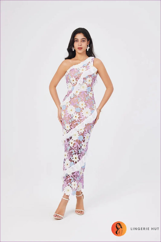 One-shoulder Floral Lace Bodycon Maxi Dress - Ruffle Trim - Everyday • just in - Esung