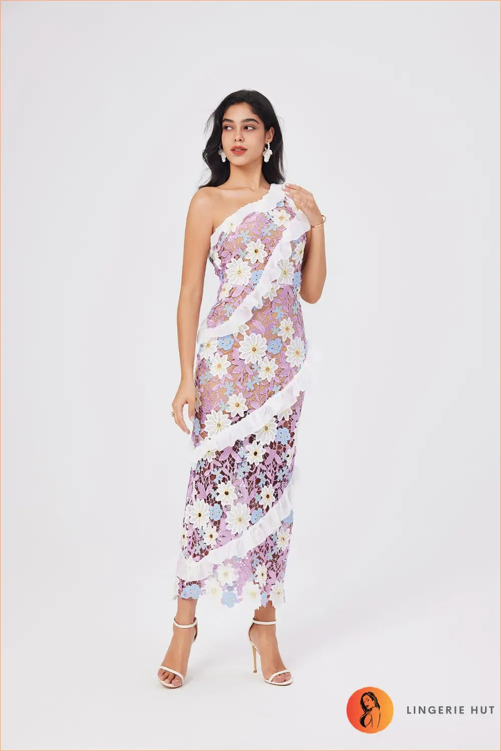 One-shoulder Floral Lace Bodycon Maxi Dress - Ruffle Trim - s / Purple - Everyday • just in - Esung