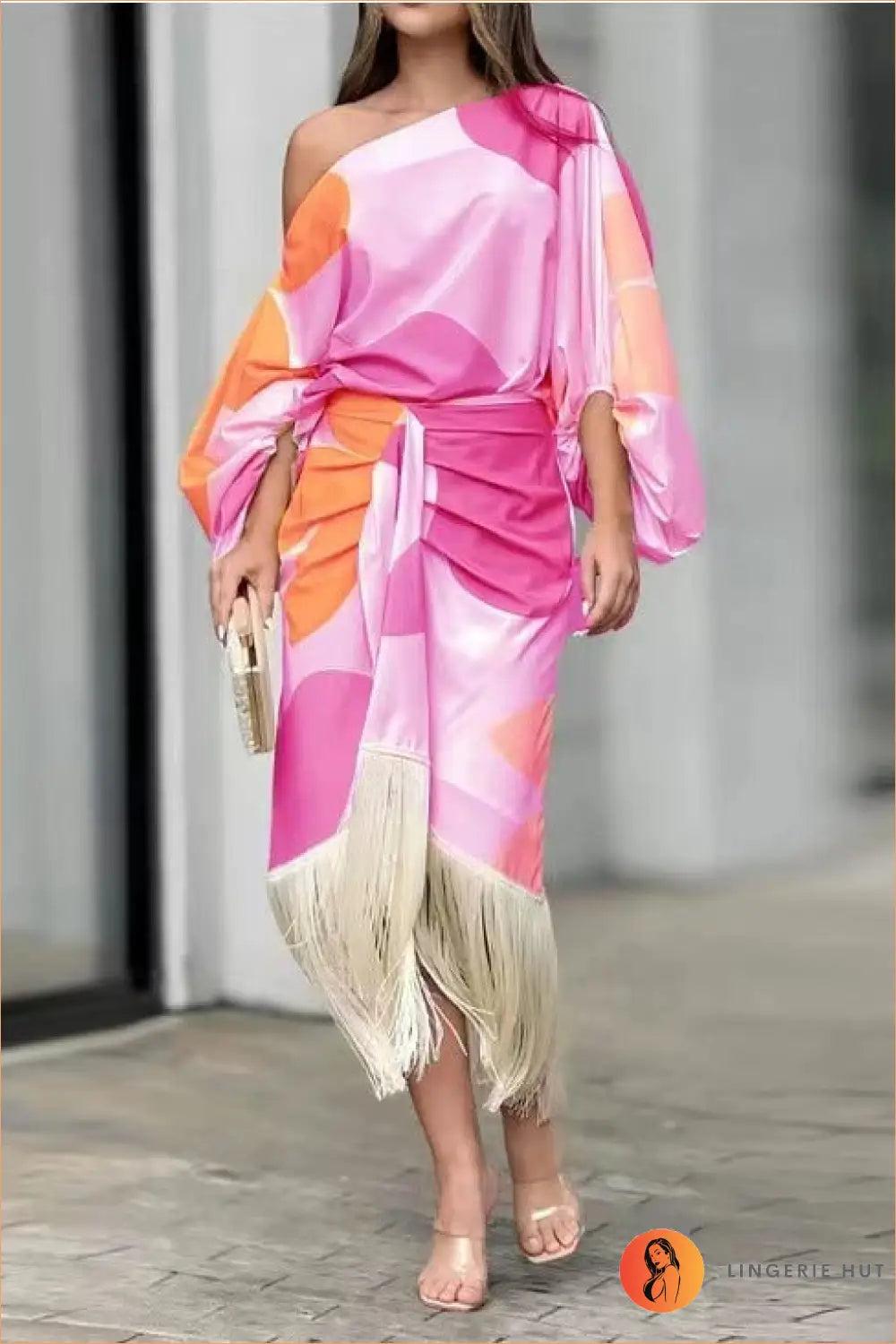 One Shoulder Fringe Dress - Understated Glamour - s / Rose - Autumn • Casual • Clothing • Lingerie Hut