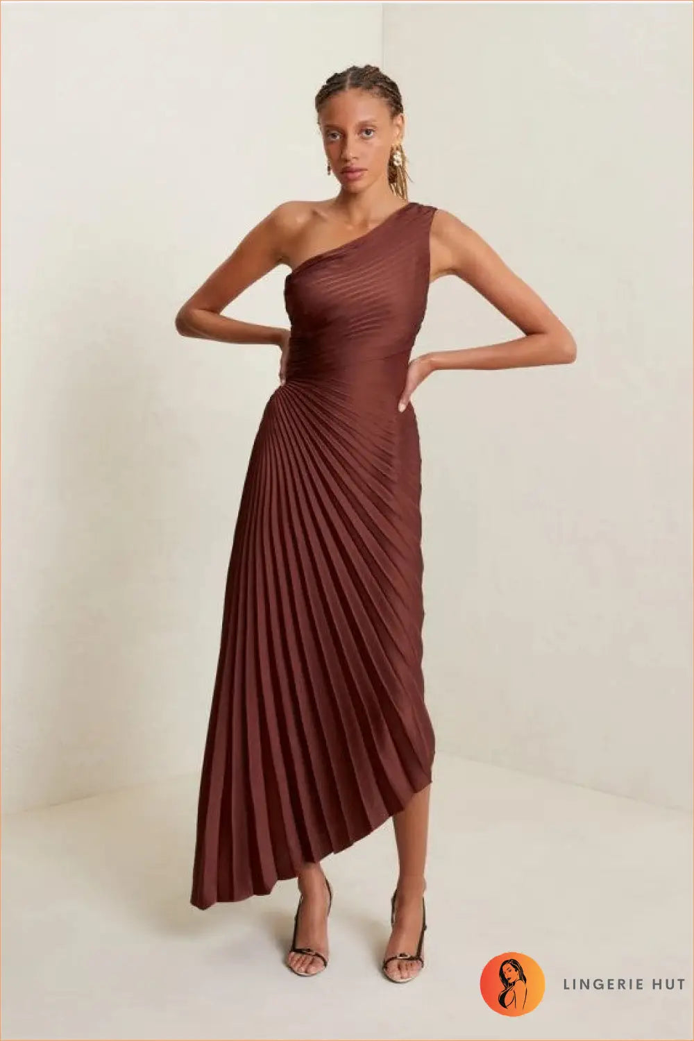 One-shoulder High-low Dress - Effortless Evening Glamour - s / Coffee - Dresses - A-line • Clothing • Elegant