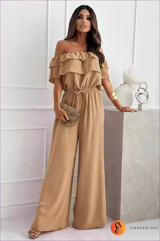 Off-shoulder Jumpsuit with Ruffle Neckline - Garden Party Ready - s / Khaki - One-pieces - Lingerie Hut - Backless