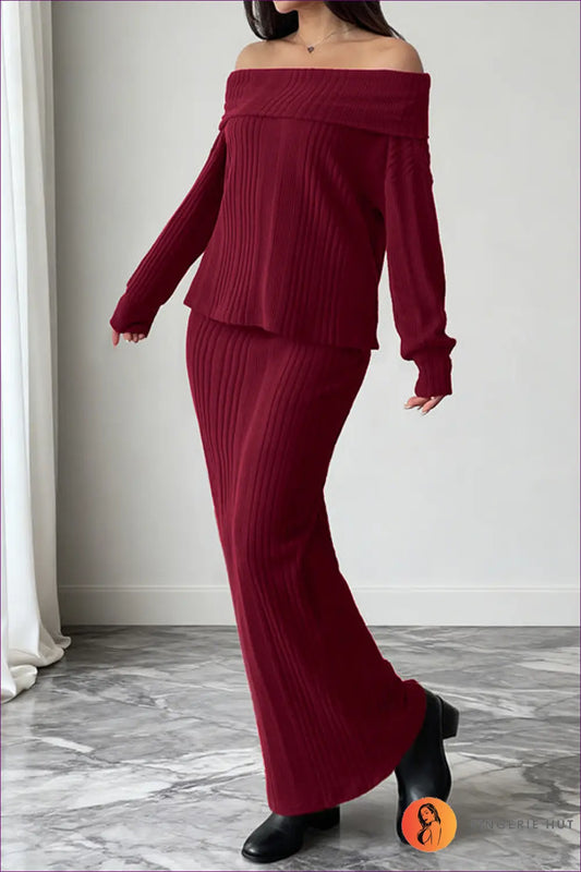 Off Shoulder Knit Set with Maxi Skirt - Cosy Elegance - s / Burgundy - co Ord - Lingerie Hut - All Season • Autumn