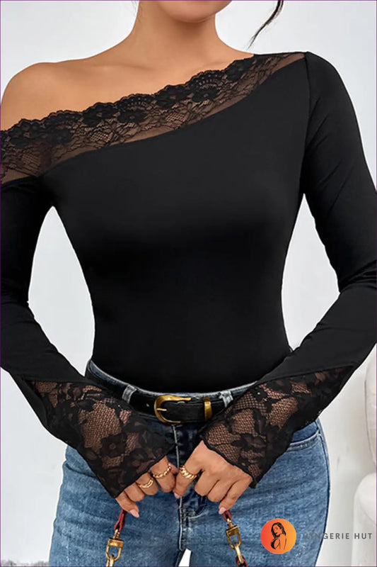 One Shoulder Lace Bodysuit with Asymmetric Neckline - Modern Night out - s / Black - Lingerie Hut - All Season • Cutout