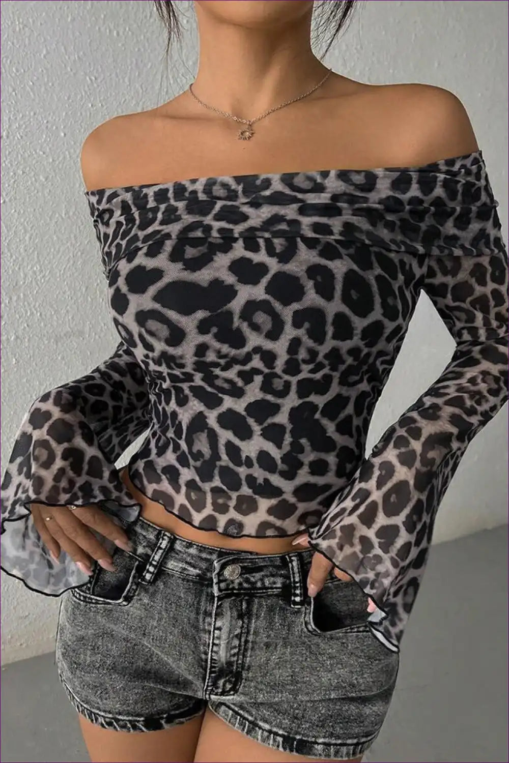Off-shoulder Leopard Print Top with Flared Sleeves - Wild Nights for Animal, Casual, Clubwear, Crop,