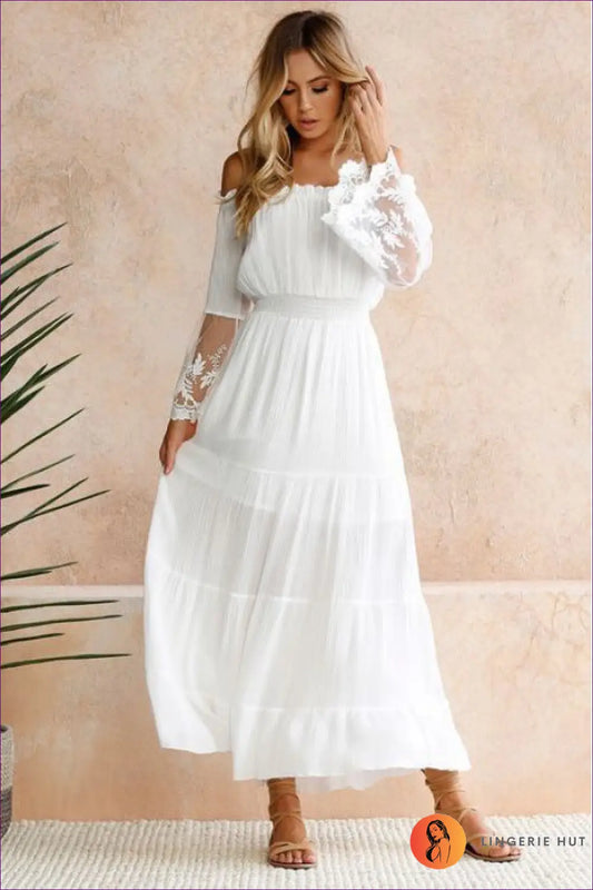 Off Shoulder Maxi Dress with Lace Sleeves - Effortless Romance - Xl / White - Dresses - Lingerie Hut - A-line • Boho