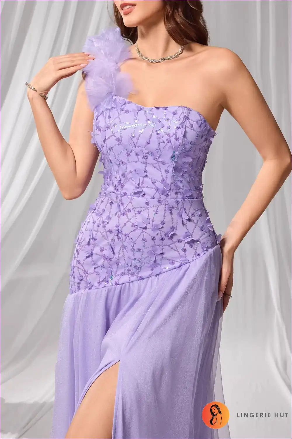 One Shoulder Maxi Dress with Petal Detail - Evening Elegance for Date Night, Evening Wear, Floral, Formal