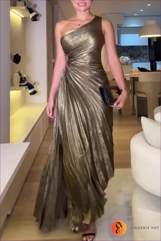 One Shoulder Maxi Dress with Radiant Pleats - Evening Glamour - s / Ancient Gold - Dresses - Lingerie Hut - Backless