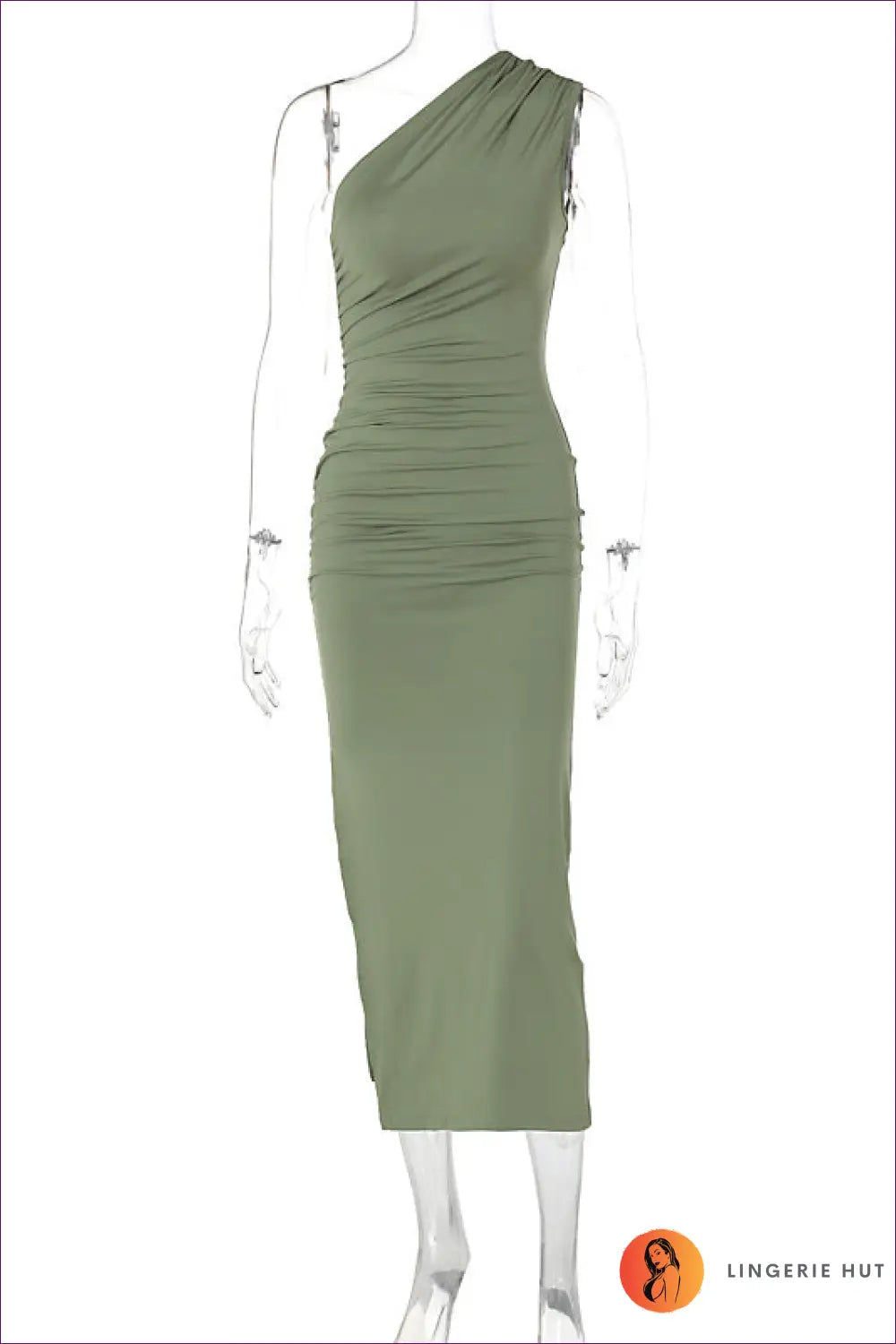 One-shoulder Maxi Dress with Ruched Detail - s / Green - Dresses - Asymmetric • Bodycon • Clothing • Date Night