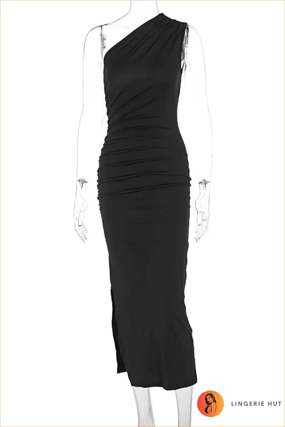One-shoulder Maxi Dress with Ruched Detail - s / Black - Dresses - Asymmetric • Bodycon • Clothing • Date Night
