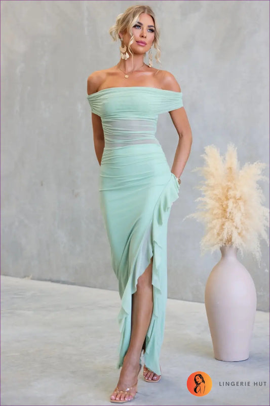 Off Shoulder Mesh Maxi Dress - Summer Evening Glamour - s / Green - Dresses - Lingerie Hut - Bodycon • Cutout • Date