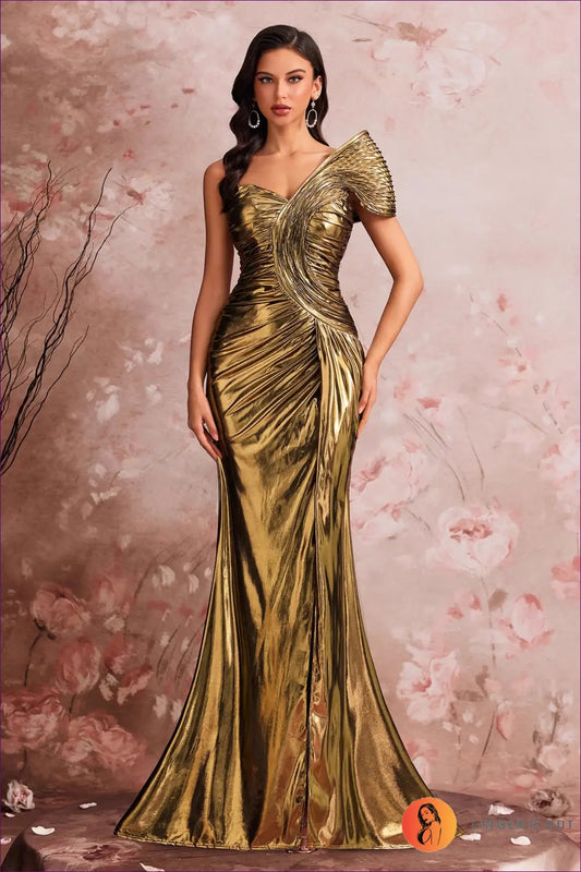 One-shoulder Metallic Fishtail Maxi Dress - Thigh Slit - Xs / Gold - Bodycon • Elegant • just in • Elegance