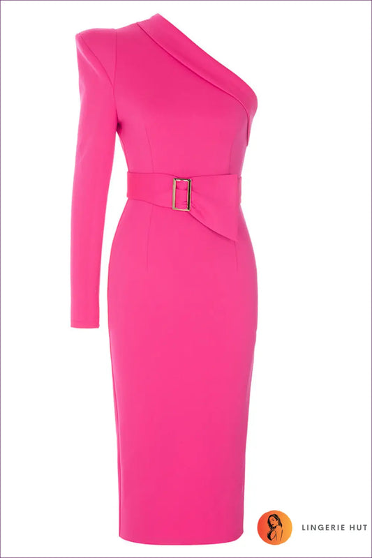 One-shoulder Midi Dress with Belt Detail - Modern Asymmetry - Xs / Coral Red - Dresses - Lingerie Hut - All Season