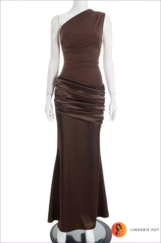 One Shoulder Pleated Maxi Dress - Modern Evening Glamour - s / Brown - Dresses - Bodycon • Clothing • Lingerie Hut