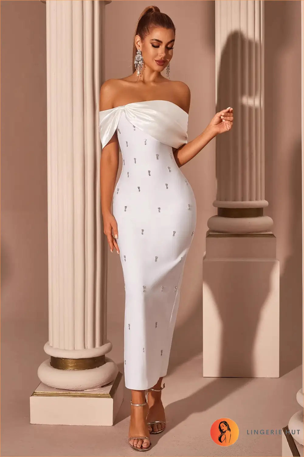 Off-shoulder Rhinestone Bodycon Maxi Dress - Draped Neckline - Elegant • just in • Ladys