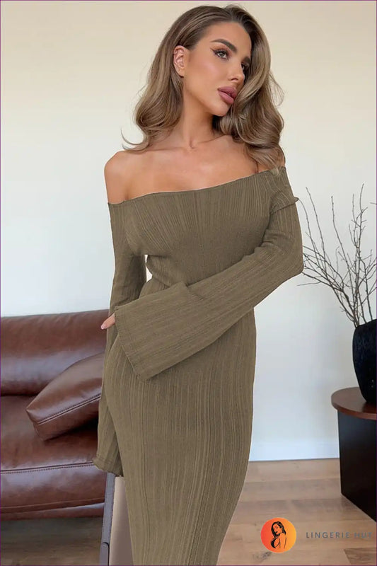 Off Shoulder Ribbed Maxi Dress - Sleek Autumn Evenings for Autumn, Bodycon, Casual, Dresses, Evening Wear
