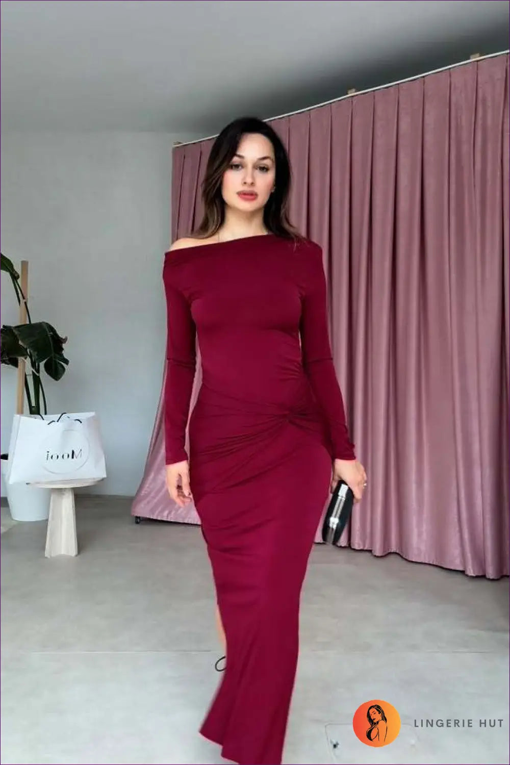 Off-shoulder Maxi Dress with Asymmetric Draping - Effortless Elegance - s / Burgundy - Dresses - Asymmetric • Clothing