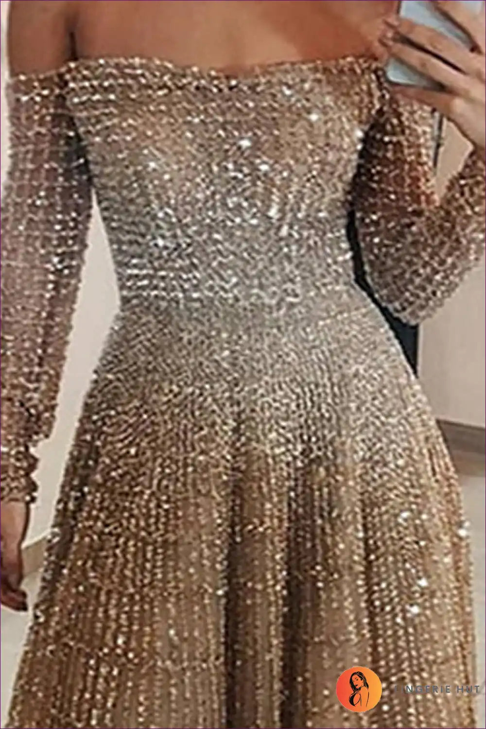 Off Shoulder Sequin Gown with Long Sleeves - Formal for A-line, Evening Wear, Formal Glamour,