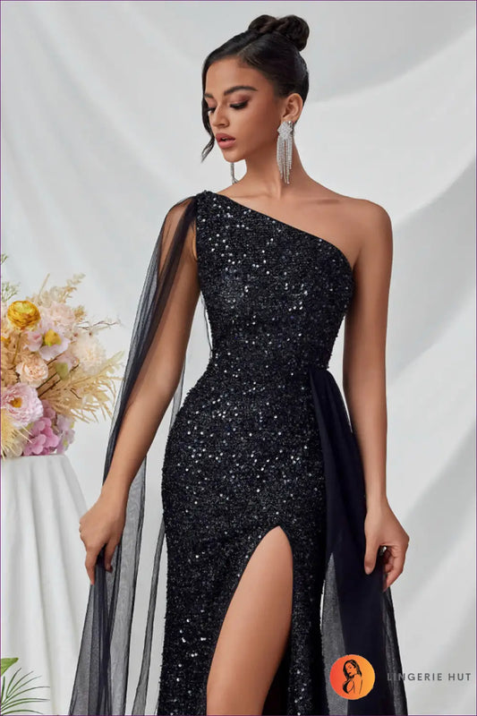 One Shoulder Sequin Maxi Dress with High Slit - Gala Ready - Xs / Black - Dresses - Lingerie Hut - Autumn • Cutout