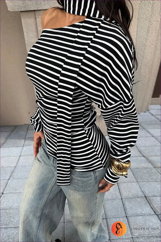 One-shoulder Striped Long Sleeve Tee - Cool Off-duty Energy for Casual, Everyday, Polyester, Spring